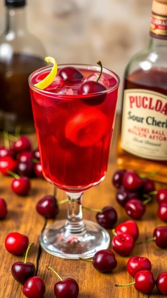 A refreshing Sour Cherry Bourbon Cocktail in a glass with cherries and lemon garnish on a wooden table.